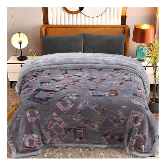 Plush Fleece Blanket King Size 87" x 94", 10.5 LB Heavyweight Fluffy Bed Blanket, 2 Ply A & B Printed Mink Blanket, Comfy Warm Thick Blanket for Autumn Winter, Grey- Photo Frame Pattern