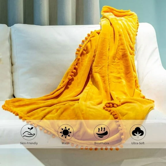 Plush Fleece Throw Blanket Super Soft Lightweight Yellow Pompom Fringe 51" * 63"