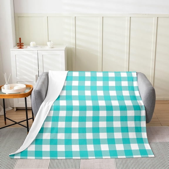 Plush Fleece Throw Blanket Turquoise Plaid Pattern Soft Cozy Bed Blanket for Couch Sofa