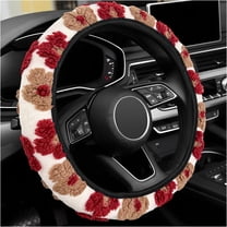 Plush Flowers Steering Wheel Cover, 15 Inch Anti-Slip Breathable Steering Wheel Protector Cute Floral Decor, Elastic Soft Wheel Cover Universal Fit for Most Vehicles, Wine Red