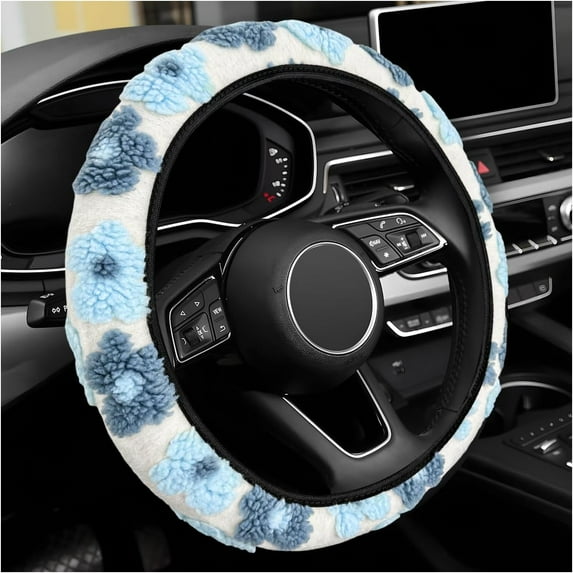 Plush Flowers Steering Wheel Cover, 15 Inch Anti-Slip Breathable Steering Wheel Protector Cute Floral Decor, Elastic Soft Wheel Cover Universal Fit for Most Vehicles, Light Blue