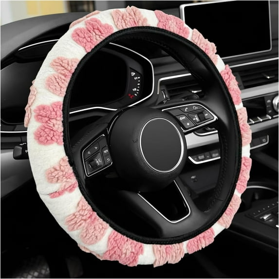 Plush Flowers Steering Wheel Cover, 15 Inch Anti-Slip Breathable Steering Wheel Protector Cute Floral Decor, Elastic Soft Wheel Cover Universal Fit for Most Vehicles, Pink