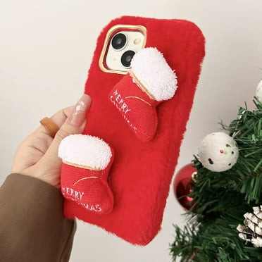 Plush Fluffy Case for iPhone 13 Pro Max, Fashionable Christmas Theme Design Faux Fur Warm Phone Case for Women Men, Shockproof Hybrid Soft Furry Protection Cover, Red
