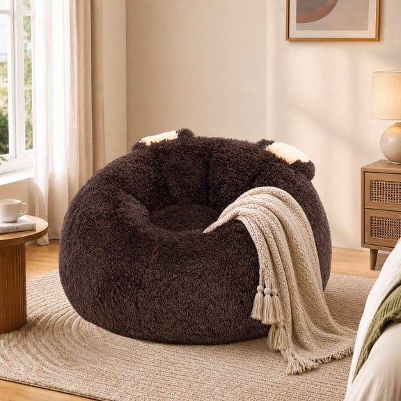 PamapicLife Brown Plush Fluffy Faux Fur Bear Shaped Bean Bag Chair Filled Memory Foam For Living Room, Bedroom