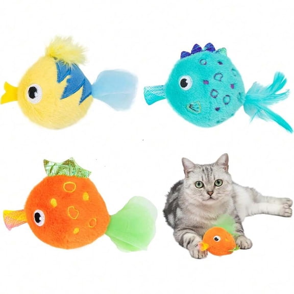 Plush Fluffy Fish Cat Toy Set, Multicolored Squeaking Fish With Feather Tails, 4-Pack