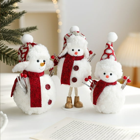 Plush Foam Christmas Snowman Figurines – Cute Red Scarf Dolls for Table Decor & Window Displays, Soft Durable Material, Perfect for Christmas Indoor Accents, A