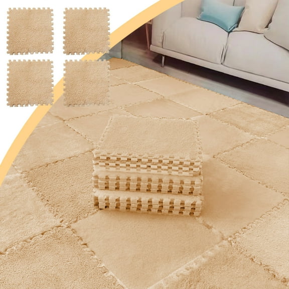 Plush Foam Splicing Rug Square Carpet | Thickened Soft Floor Mat for Bedroom Living Room | Modern Minimalist Design | 30x30cm | Khaki Beige Gray Pink | 1 Piece