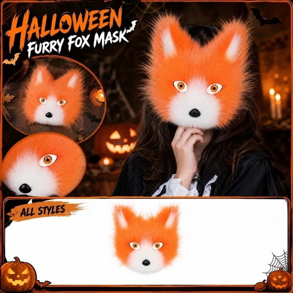Plush Fox Mask Halloween Accessory 8 Inch Animal Mask Face Mask for Masquerade Party Carnival Dress Up Events Orange Furry Half Face Mask, 1 Pack