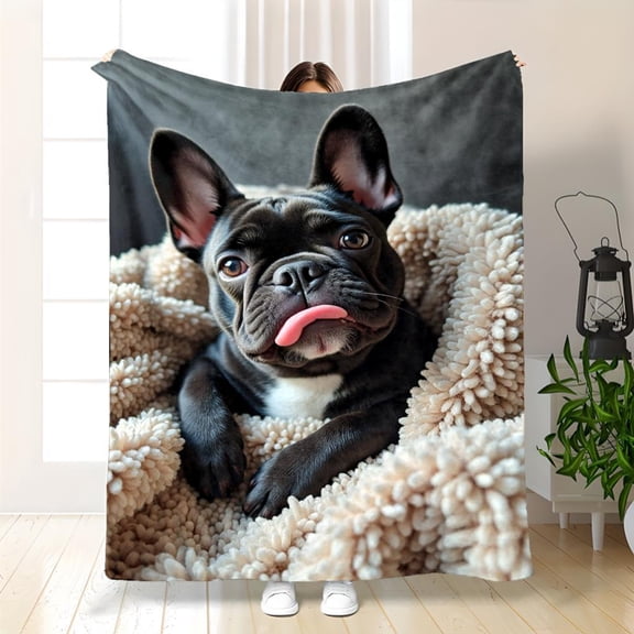 Plush French Bulldog Blanket - Soft Fleece Bedspread with Black Frenchie Print, Cozy Warm Gift for Dog Lovers, Machine Washable for Home, Travel, Camping