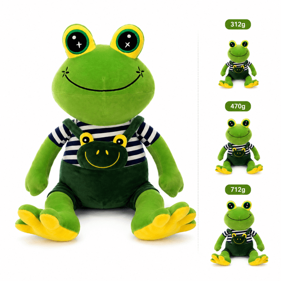 Plush Frog Stuffed Animal with Striped Overalls - 3 Sizes (312g, 470g, 712g) Soft Green Frog Pillow for Kids, Cute Squishy Companion for Bedroom, Office Nap, and Car Seat Cushion