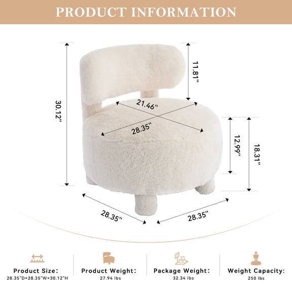 Plush Fur Accent Chair, Curved Backrest, Solid Wood Legs, White, 28.35"W x 30.12"H, Ergonomic Design for Living Room, Bedroom, Vanity, Reading Nook