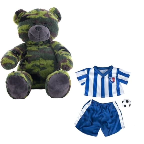 Plush Gear 16" Camo Bear Dressed in Soccer Jersey, Shorts & Ball