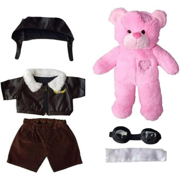 Plush Gear 16-Inch Pink Patches Bear in Pilot Outfit with Helmet, Goggles, and Scarf - Soft Plush Graduation Day Gift and Summer Companion