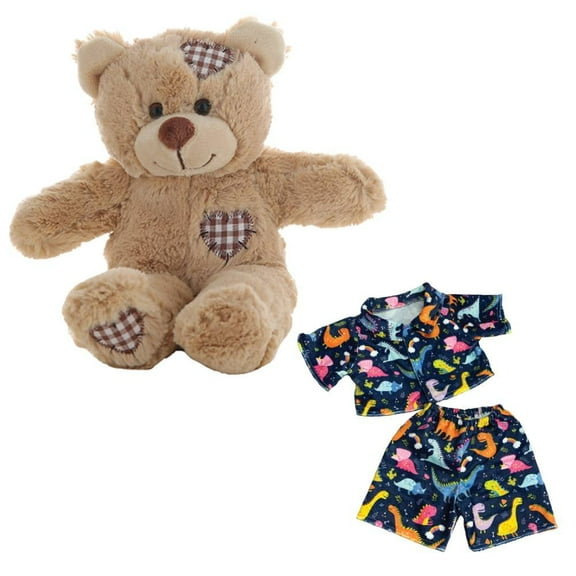 Plush Gear 8" Brown Patches Bear in Diggin Dinos Pajamas Dinosaur Plush Toy, Cuddly Bedtime Gift For Kids