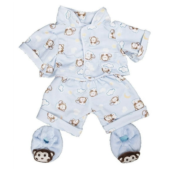 Plush Gear Blue Monkey Pajama Set with Slippers Sleepwear 14"-18", Cozy Lounge Wear Gift for Kids & Toddlers