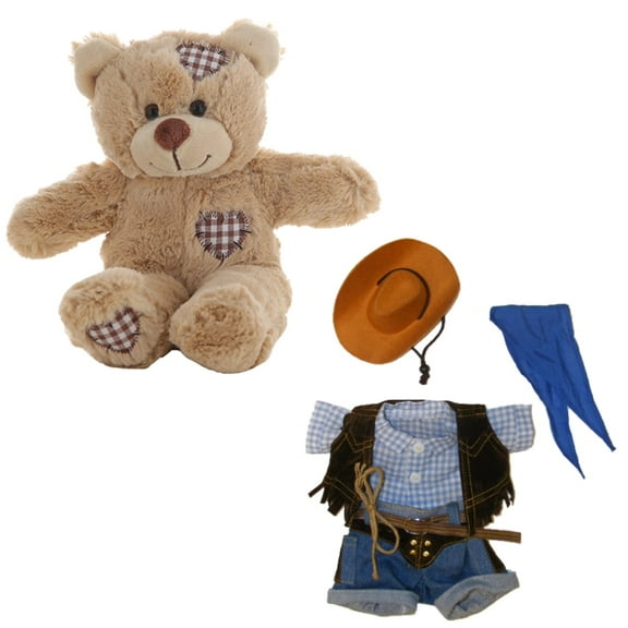Plush Gear Brown Patches Bear 8" Stuffed Animal Toy with Cowboy Outfit & Brown Hat