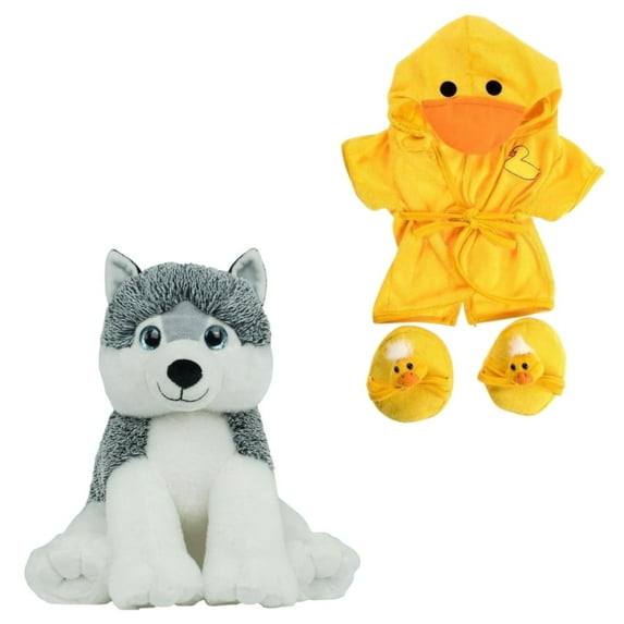 Plush Gear Husky Dog Eco 16 Inch with Duck Robe & Slippers Stuffed Toy Outfit - Dailywear & Adorable Plushie Puppy Teddy Bear Soft Plush Toy Costume, Ideal Gift for Kid