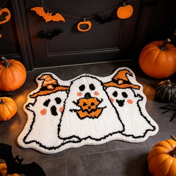 Plush Ghost Doormat, Super Soft Halloween Rug, Horror Entryway Carpet for Porch Party, Fluffy Shaggy Spirit Mat, Non-Slip Spooky Floor Accent​, A