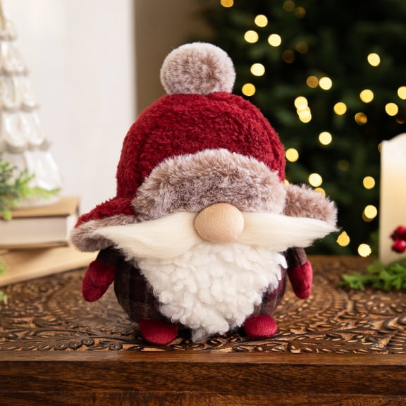 Plush Gnome Christmas Figure in Winter Trapper Hat - 7.75" - Maroon and Brown