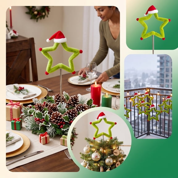 Plush Green Star Christmas Tree Topper with Mini Hat, 12 in Soft Plush Star Tree Top Ornament with Metal Base for Xmas Holiday Tree Decor