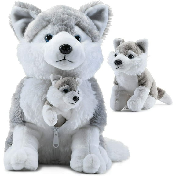 Plush Grey Husky Dog with Zippered Pouch for Its 2 Little Plush Baby Dogs Puppies - Plushlings Collection Soft Stuffed Animal Playset