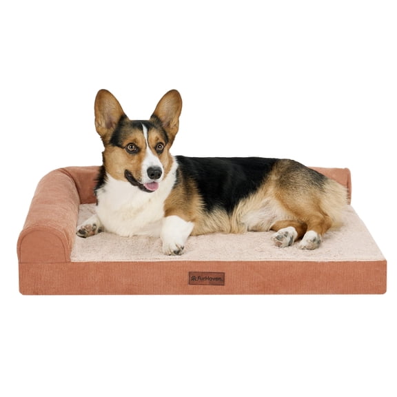 Plush & Grid Cord Orthopedic Deluxe L-Chaise Pet Bed for Dogs and Cats - Copper, Medium