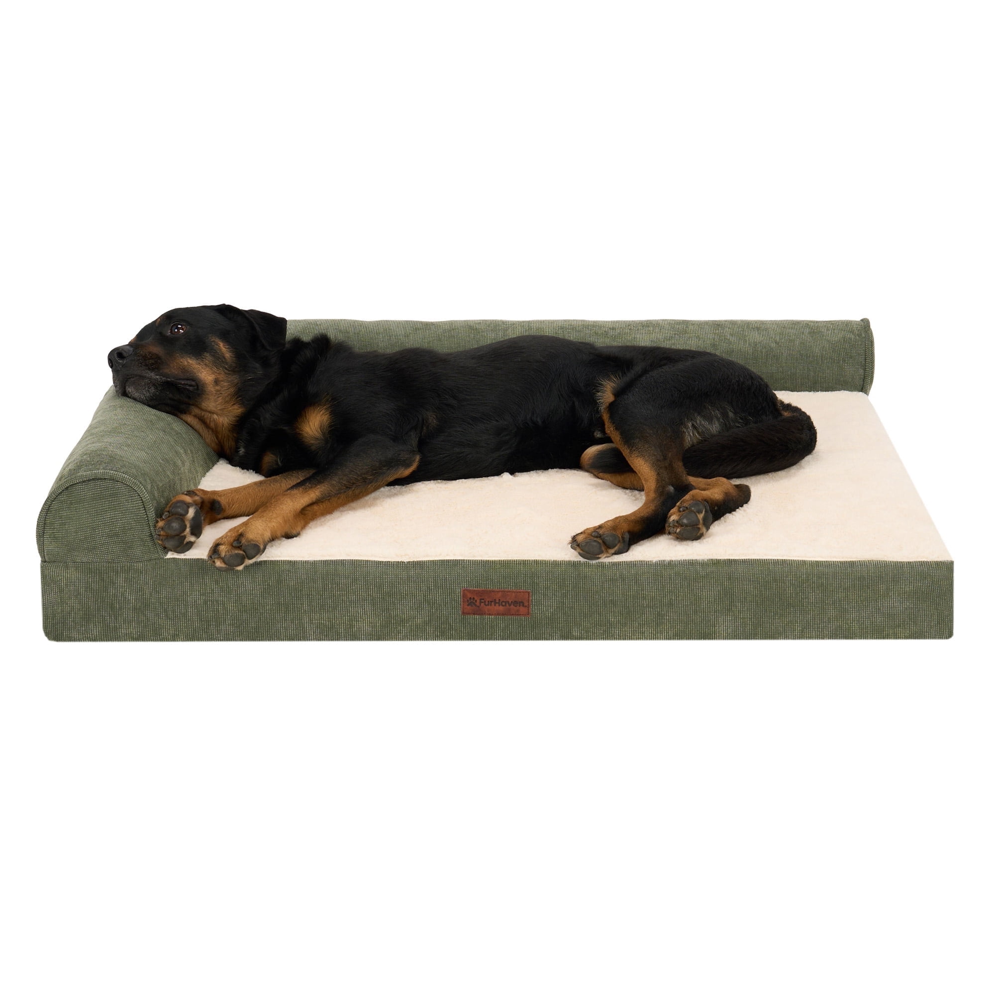 Plush & Grid Cord Orthopedic Deluxe L-Chaise Pet Bed for Dogs and Cats - Olive, Jumbo