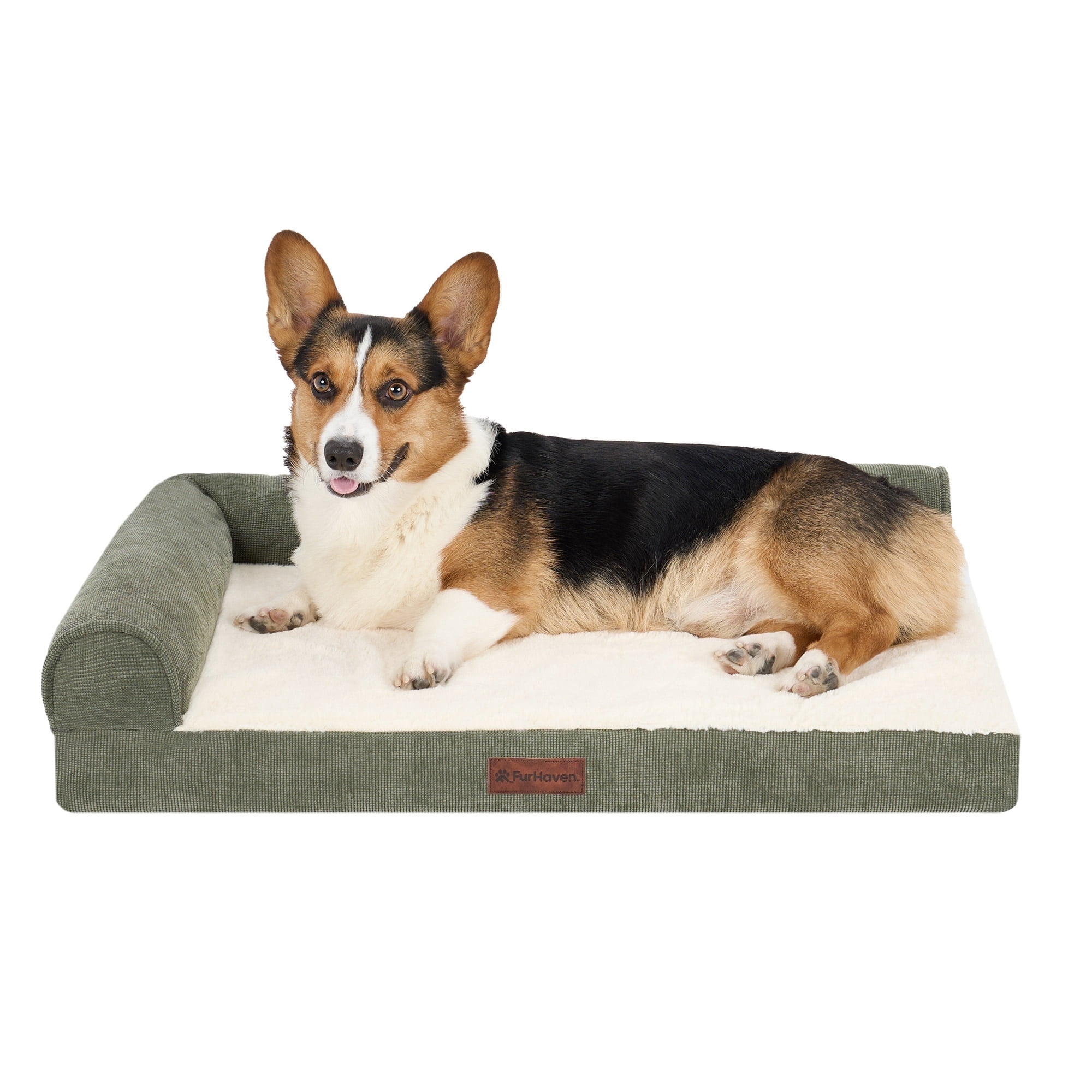 Plush & Grid Cord Orthopedic Deluxe L-Chaise Pet Bed for Dogs and Cats - Olive, Medium