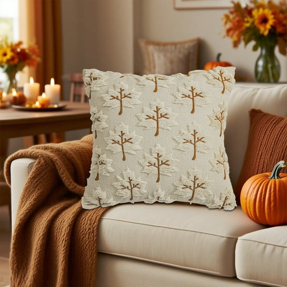 Plush Halloween Pillow Case With Three Dimensional Embroidered Leaves Thanksgiving Autumn Sofa Cushion Home Decorative Accent