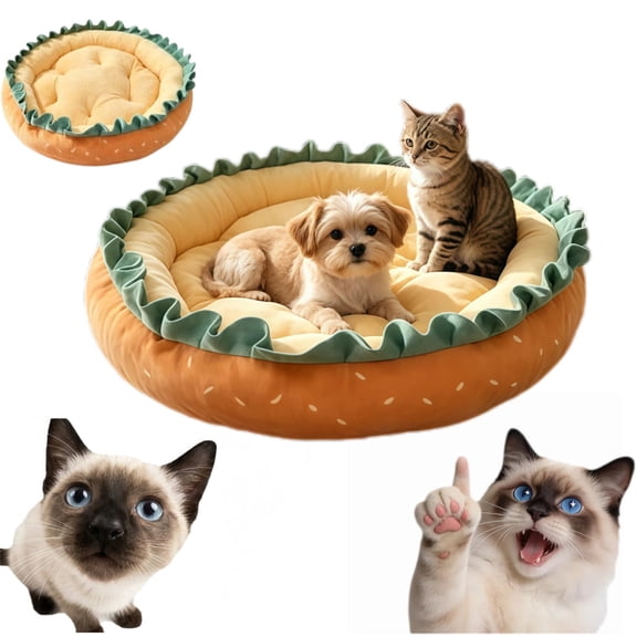 Plush Hamburger Shaped Pet Bed, Burger Cat Cave Bed for Small Dogs & Cats, Indoor Rest & Play