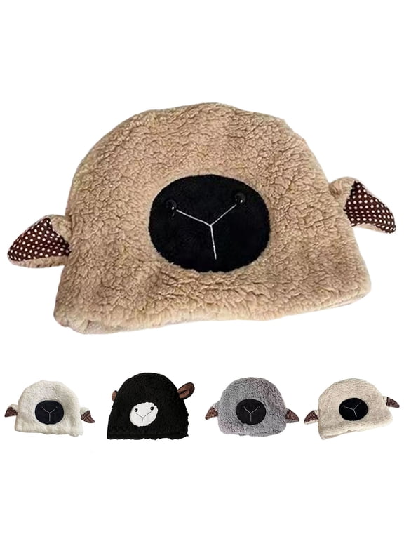 Plush Hat Cute Fuzzy Cozy Thickened Stretchy Keep Warm Soft Autumn Winter Sheep Lamb Ears Girls Cap for Daily,Beige