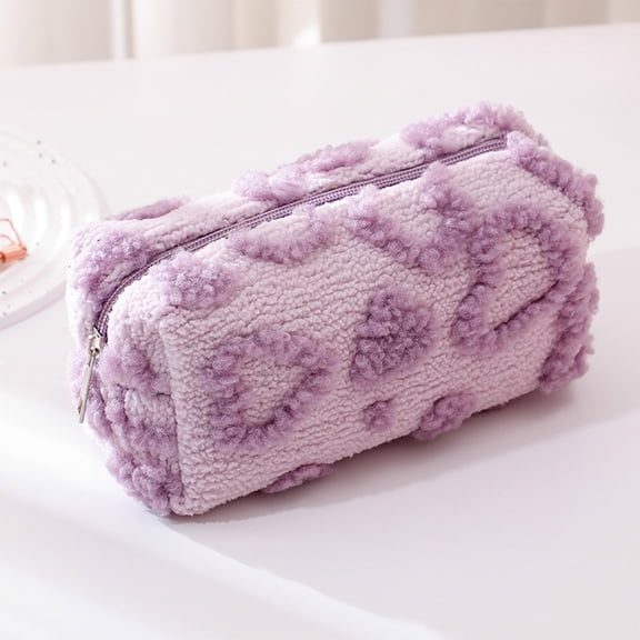 Plush Heart Makeup Bag for Women,Cute Cosmetic Pouch Portable Travel Coin Purse,Heart Print Sherpas Storage Bag,Portable Storage,Purple,7x3.5x3.1in