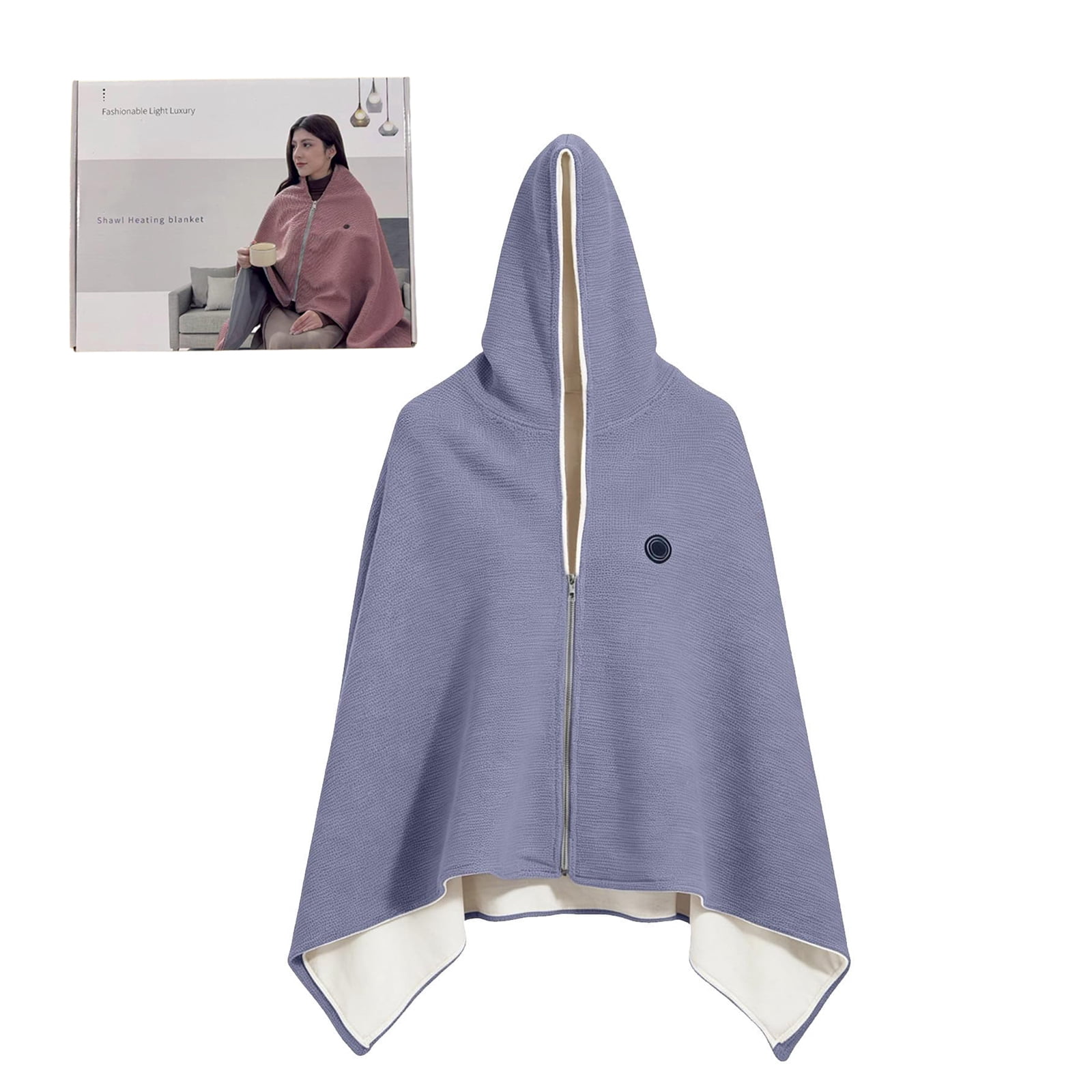 Blue Camping Box Plush Heated Blanket Shawl Hooded Light Blue Zip Up, Wearable Heated ...