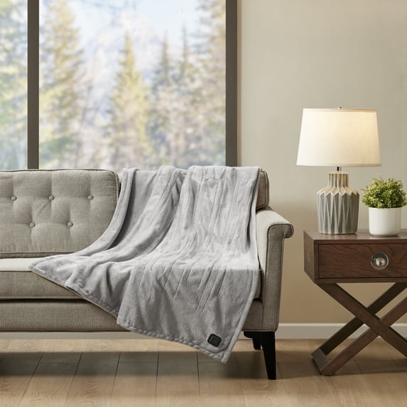 True North by Sleep Philosophy Plush Heated 50x70" Throw with Built-In Control - Grey