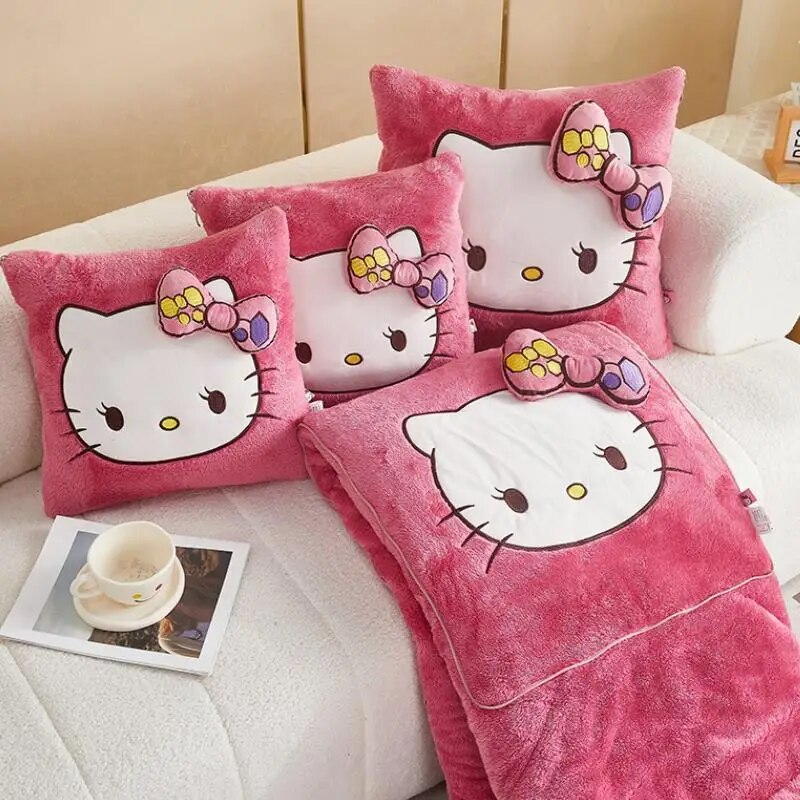 Plush HelloKitty Throw Pillow Blankets Two In One Kawaii Flannel Pillow