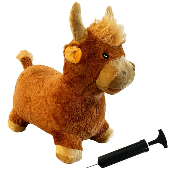 Plush Highland Cow Bull Bounce & Ride-on Inflatable Hopper Toddler Toy with Pump