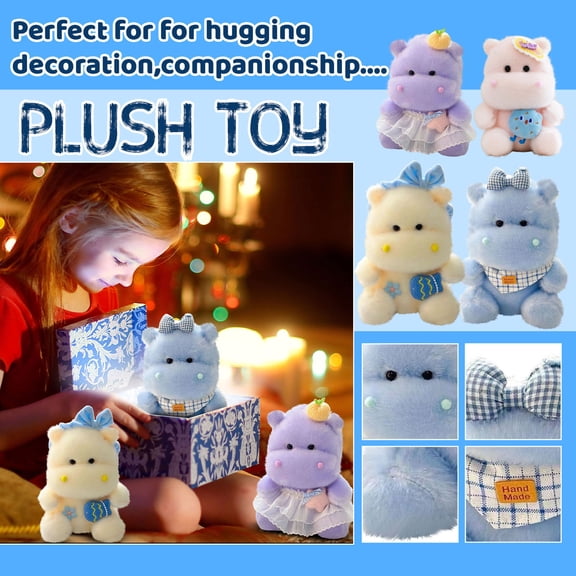 Plush Hippo Animal Doll with Bow Knot and Checkered Bib for Birthday Celebration Home Decoration, Random Color 9 Inch