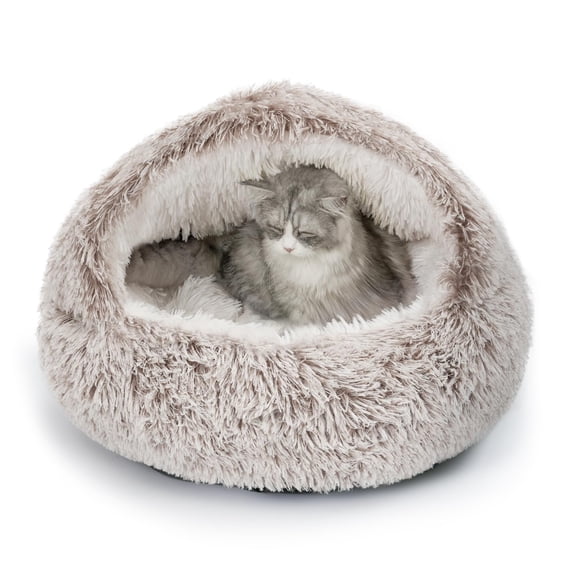 Plush Hooded Cat Bed Calming Nest Self-warming Cave Cozy Pod For Indoor Cats Or Small Dogs Removable Washable Cove With Non-slip Bottom