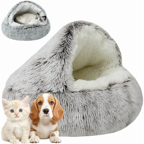 Plush Hooded Cat Bed, Cat Beds for Indoor Cats, Cozy Pod for Indoor Cats or Small Dogs, Removable Washable Cove with Non-Slip Bottom (Coffee, Large)
