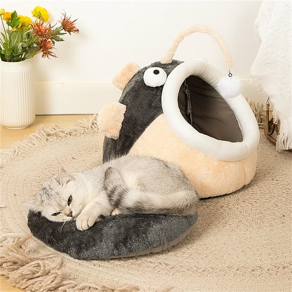 Plush Hooded Cat Bed, Cat Beds for Indoor Cats, Cozy Pod for Indoor Cats or Small Dogs, Removable Washable Cove with Non-Slip Bottom MBlack