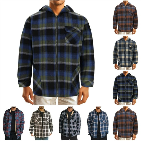 BiZtdJrK Plush Hooded Jacket for Men Fashion Plaid Shacket Full Zip Fleece Lined Hoodies Warm Outerwear with Pockets, Navy, L