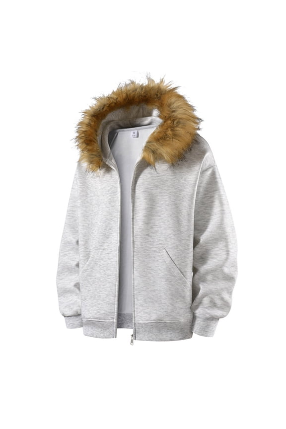 Plush Hooded Jacket for Men Lined Hoodies Sweatshirts Faux Fur Hood Warm Winter Heayweight Coat Long Sleeve Hiking Workout Tops