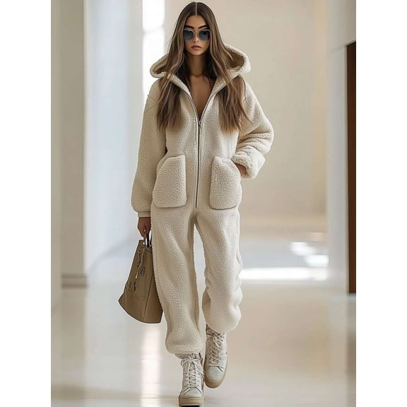 Plush Hooded Jumpsuit with Pockets (L, Beige)