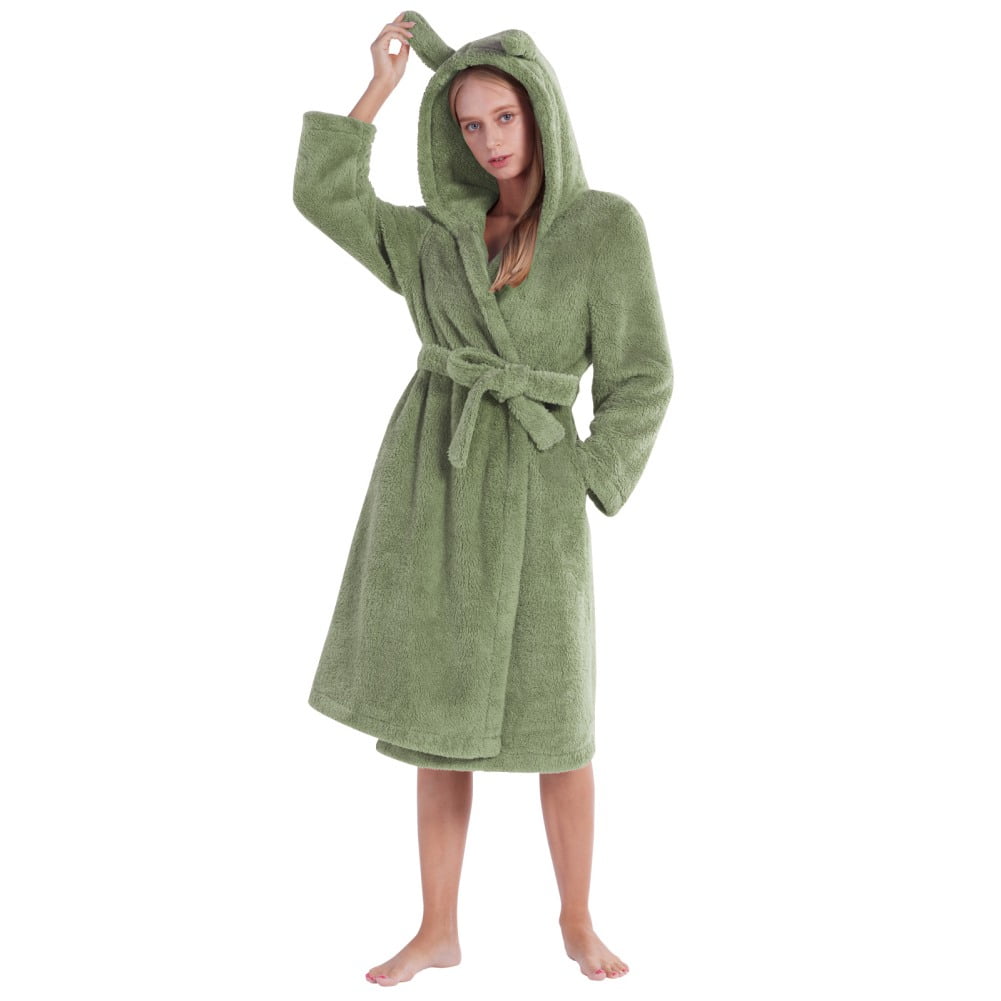 Plush Hooded Robes for Women Flannel Bathrobe, Mid-Length Fuzzy Wrap Robes  Fleece Shawl Winter Warm Hooded Bathrobe Nightgown, Green L 