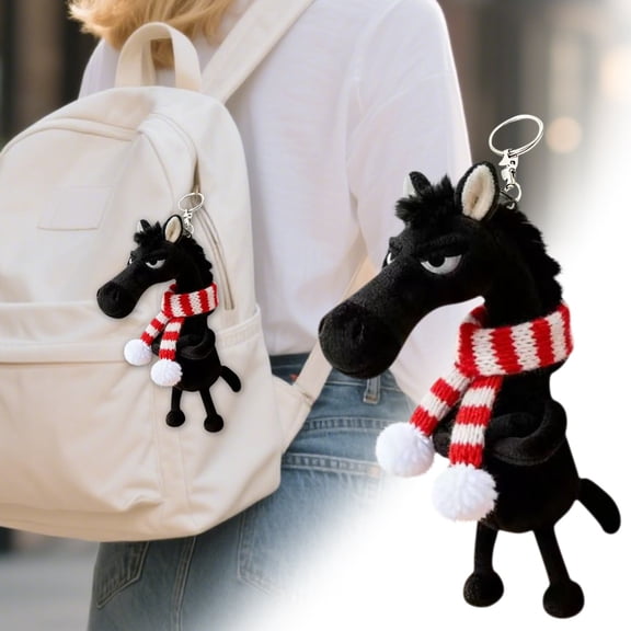 Plush Horse Keychain With Knit Scarf, 2026 Year of Horse Keychain, Cute High Cold Plush Doll, Animal Bag Hanging Keychain for Backpacks And Keys, Black