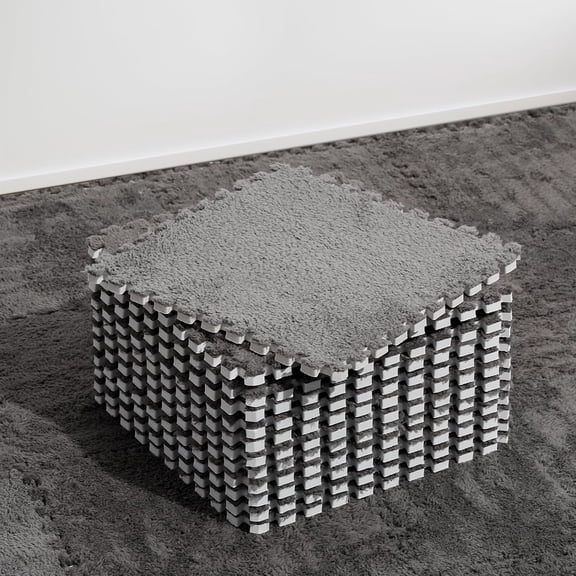 Plush Interlocking Carpet Tiles, Non-Toxic Shaggy Foam Carpet Tiles, Anti-Slip, EVA Foam Interlocking Tiles for Floor, Grey