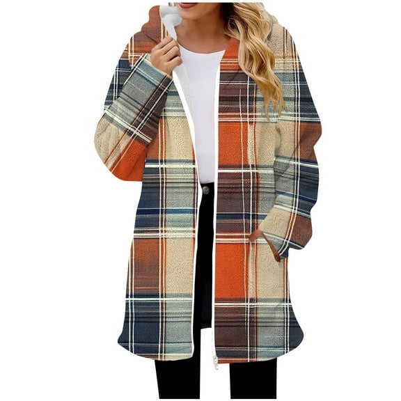 Plush Jackets For Women Full Zip Hooded Plaid Long Cardigan Casual Loose Thermal Winter Outwear With Pockets (M, Khaki)
