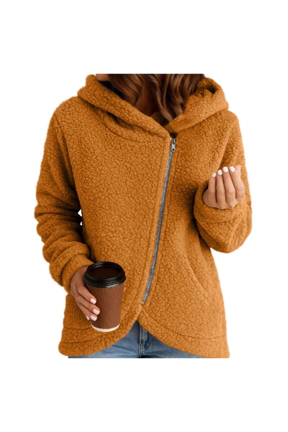 Plush Jackets For Women Hooded Full Zip Fleece Cardigan Casual Loose Stylish Thermal Outwear With Pockets (M, Orange)