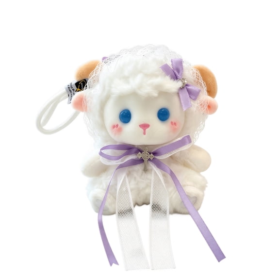 Plush Keychain Colorful Lamb Stuffed Animal with Lace Trim Purple Ribbon and Cross Accent Kawaii Accessory for Daily Use and Gifting
