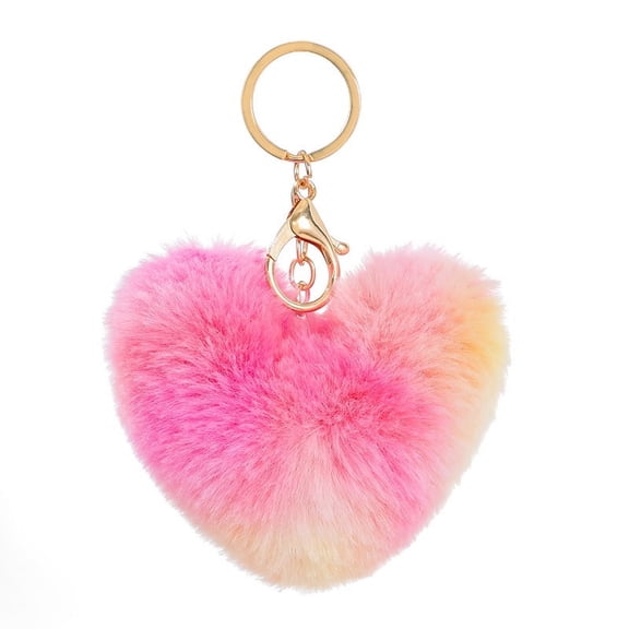 Plush Keychain with Iron Key Ring Pom Pom Heart Hot Pink 15cm